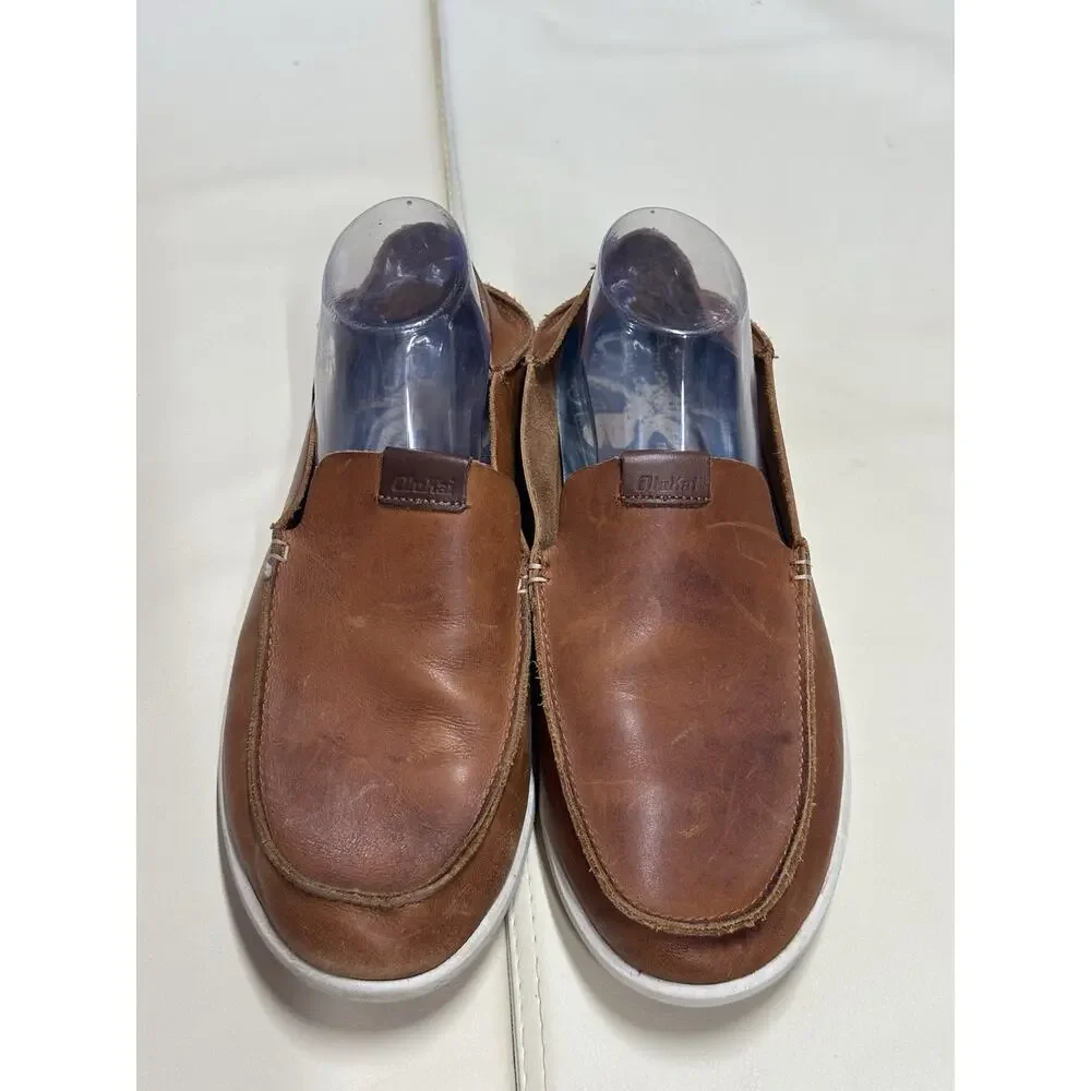 Olukai Nalukai Brown Leather Slip On Drop in Heel Loafer Shoes Men's Size US 9